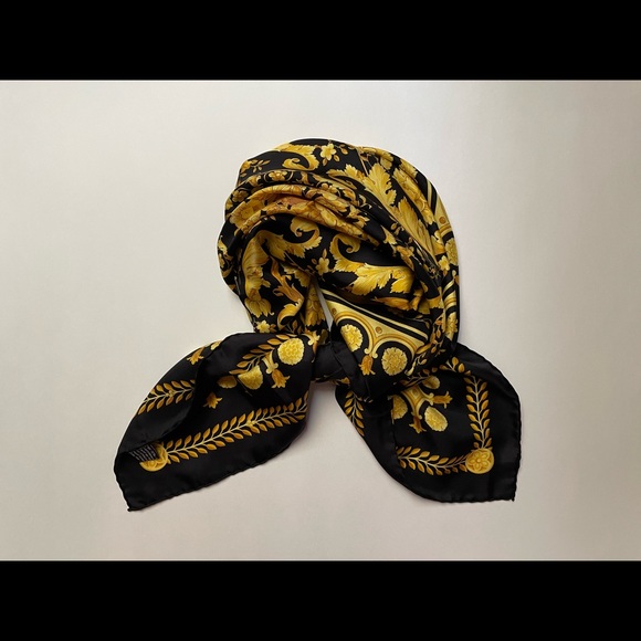 Vintage Versace Barocco Baroque Black and Gold Silk Scarf